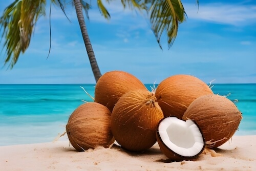 海辺に並べられたココナッツ
