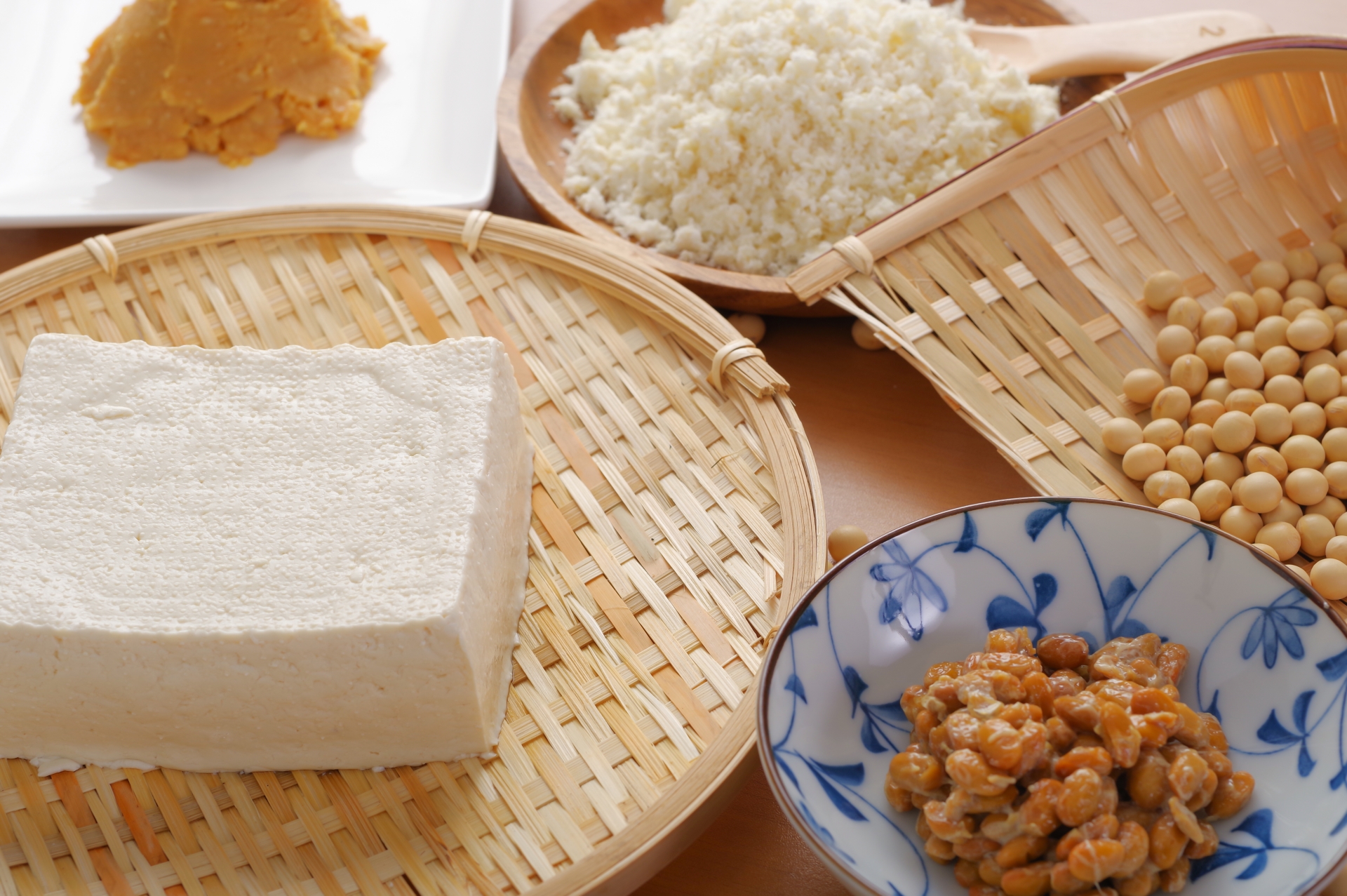 ざるの上の豆腐や大豆、皿の上の納豆やおから、味噌などの植物性タンパク質食材